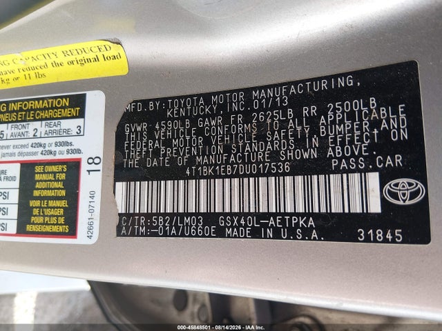 2013 Toyota Avalon Limited მანქანა იყიდება აუქციონზე, vin: 4T1BK1EB7DU017536, აუქციონის ნომერი: 45848501