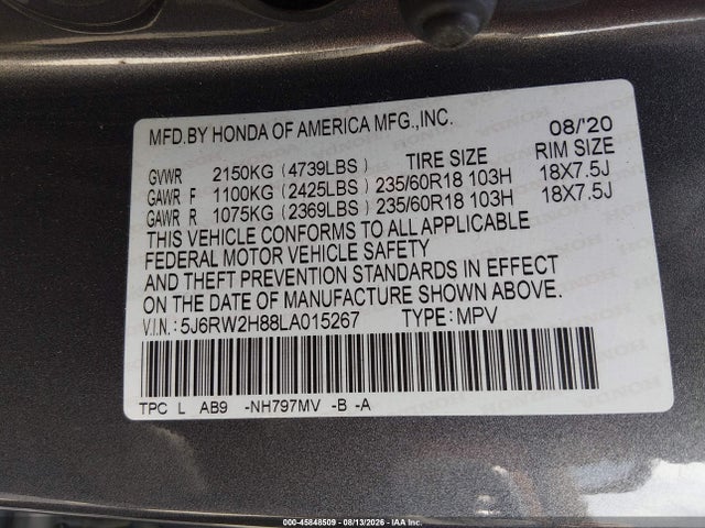 5J6RW2H88LA015267 Honda Cr-v Awd Ex-l