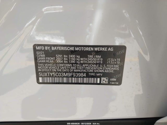 Aukcja sprzedaży 2021 Bmw X3 Xdrive30i, vin: 5UXTY5C03M9F93984, numer aukcji: 45848526