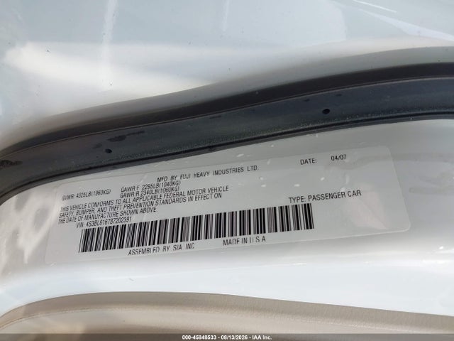 2008 Subaru Legacy 2.5i მანქანა იყიდება აუქციონზე, vin: 4S3BL616787202391, აუქციონის ნომერი: 45848533