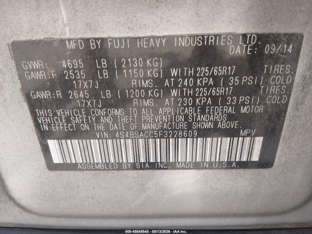 Aukcja sprzedaży 2015 Subaru Outback 2.5i Premium, vin: 4S4BSACC5F3228609, numer aukcji: 45848548