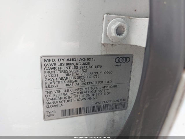 45848553 :رقم المزاد ، WA1VAAF71JD037916 vin ، 2018 Audi Q7 3.0t Premium مزاد بيع