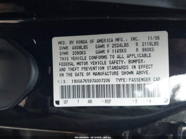 45848559 :رقم المزاد ، 19UUA76597A007206 vin ، 2007 Acura Tl Type S مزاد بيع