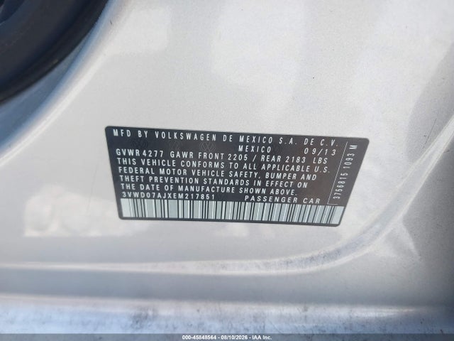 2014 Volkswagen Jetta 1.8t Se მანქანა იყიდება აუქციონზე, vin: 3VWD07AJXEM217851, აუქციონის ნომერი: 45848564