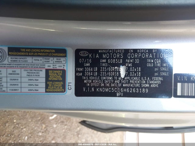 2017 Kia Sedona Ex მანქანა იყიდება აუქციონზე, vin: KNDMC5C16H6263189, აუქციონის ნომერი: 45848576