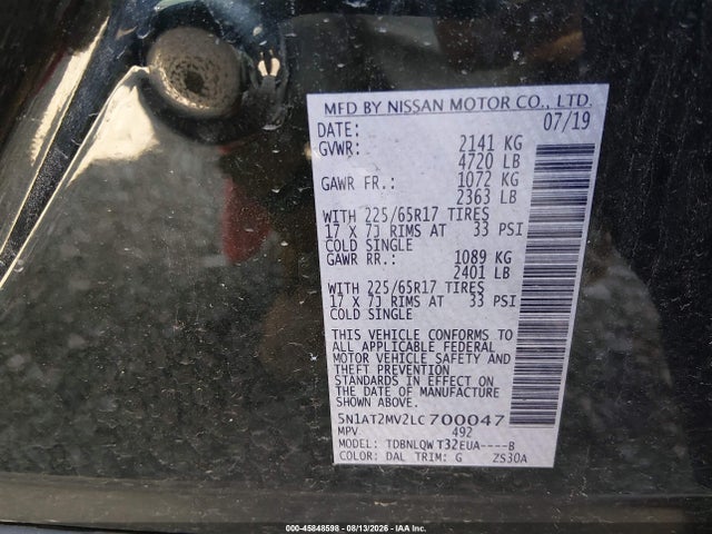 2020 Nissan Rogue Sv Intelligent Awd მანქანა იყიდება აუქციონზე, vin: 5N1AT2MV2LC700047, აუქციონის ნომერი: 45848598