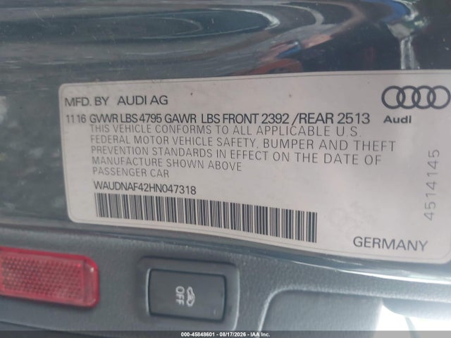 Aukcja sprzedaży 2017 Audi A4 Season Of Audi Premium, vin: WAUDNAF42HN047318, numer aukcji: 45848601