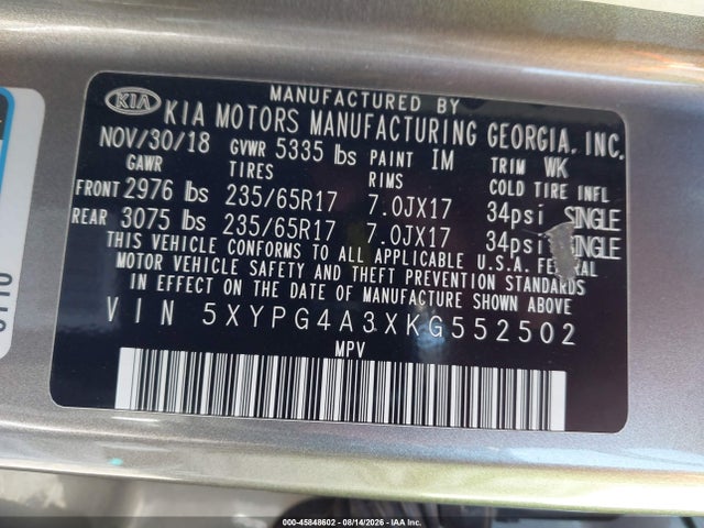 Aukcja sprzedaży 2019 Kia Sorento 2.4l Lx, vin: 5XYPG4A3XKG552502, numer aukcji: 45848602