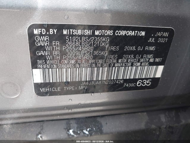 Продаж на аукціоні авто 2022 Mitsubishi Outlander, vin: JA4J3UA87NZ027426, номер лоту: 45848623