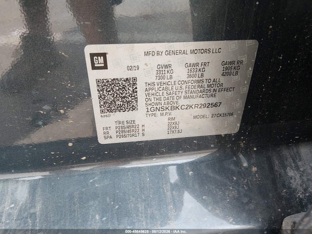2019 Chevrolet Tahoe Lt მანქანა იყიდება აუქციონზე, vin: 1GNSKBKC2KR292567, აუქციონის ნომერი: 45848625