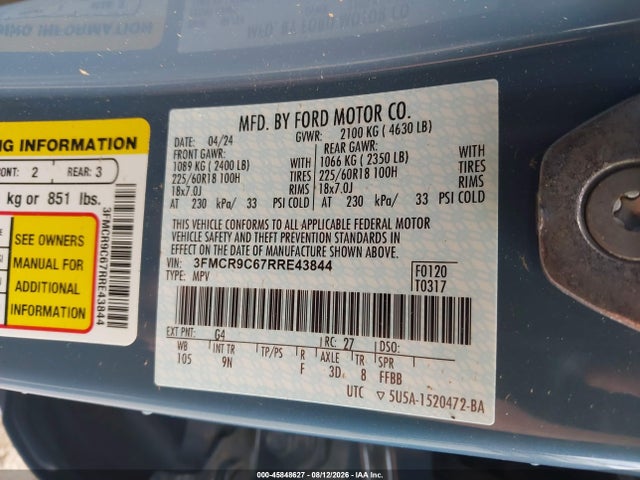 45848627 :رقم المزاد ، 3FMCR9C67RRE43844 vin ، 2024 Ford Bronco Sport Outer Banks مزاد بيع