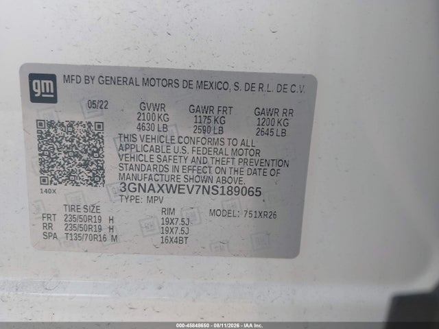 Продаж на аукціоні авто 2022 Chevrolet Equinox Awd Rs, vin: 3GNAXWEV7NS189065, номер лоту: 45848650