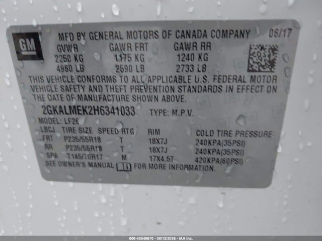 45848670 :رقم المزاد ، 2GKALMEK2H6341033 vin ، 2017 Gmc Terrain Sle-1 مزاد بيع