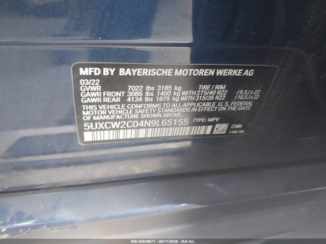 Aukcja sprzedaży 2022 Bmw X7 Xdrive40i, vin: 5UXCW2C04N9L65155, numer aukcji: 45848671