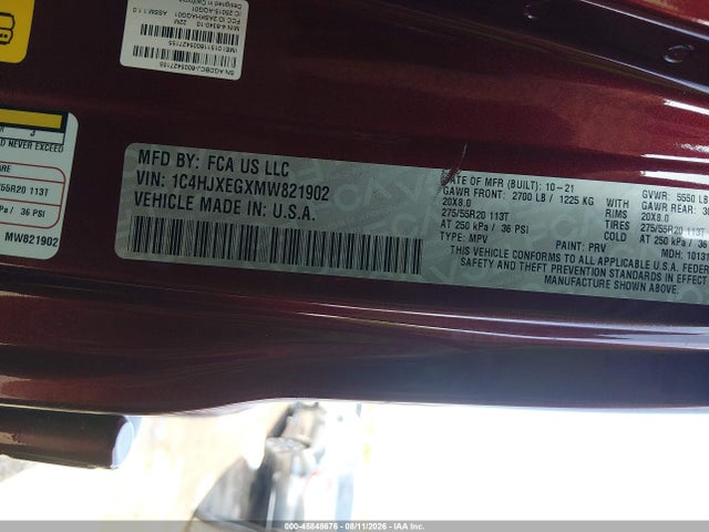 Продаж на аукціоні авто 2021 Jeep Wrangler Unlimited High Altitude 4x4, vin: 1C4HJXEGXMW821902, номер лоту: 45848676