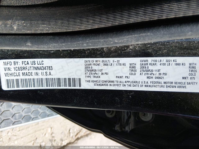 45848694 :رقم المزاد ، 1C6SRFJT7NN434783 vin ، 2022 Ram 1500 Laramie  4x4 5'7 Box مزاد بيع