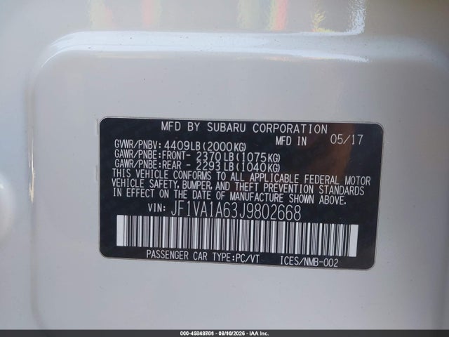 Aukcja sprzedaży 2018 Subaru Wrx, vin: JF1VA1A63J9802668, numer aukcji: 45848701