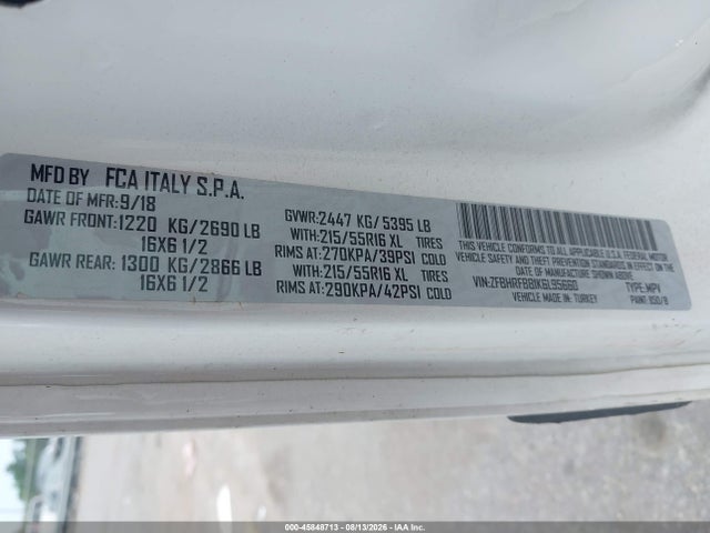 45848713 :رقم المزاد ، ZFBHRFBB1K6L95660 vin ، 2019 Ram Promaster City Tradesman Slt مزاد بيع