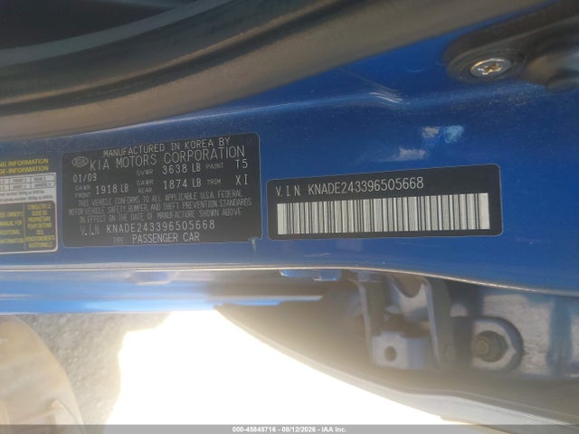 45848716 :رقم المزاد ، KNADE243396505668 vin ، 2009 Kia Rio5 Sx مزاد بيع