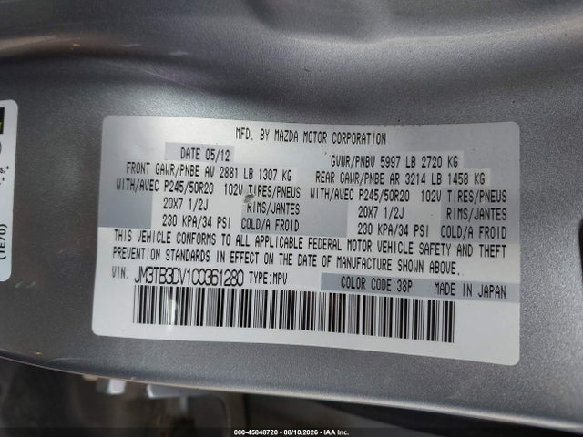 Aukcja sprzedaży 2012 Mazda Cx-9 Grand Touring, vin: JM3TB3DV1C0361280, numer aukcji: 45848720