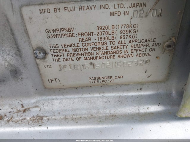 45848725 :رقم المزاد ، JF1GD67502H502329 vin ، 2002 Subaru Impreza 2.5rs مزاد بيع