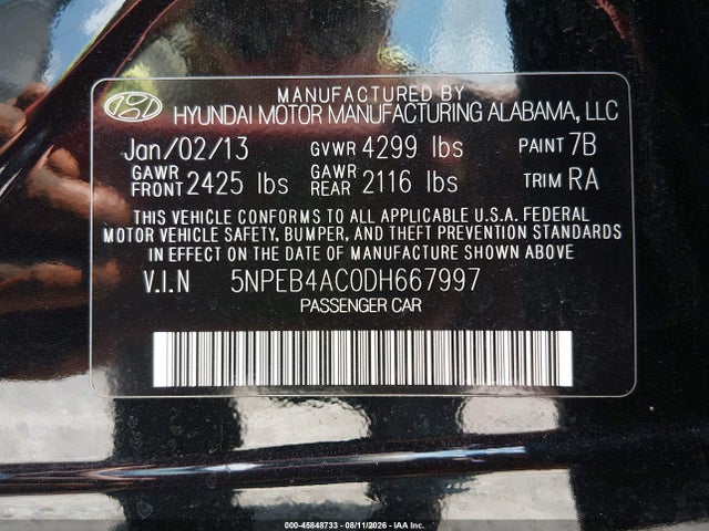Продаж на аукціоні авто 2013 Hyundai Sonata Gls, vin: 5NPEB4AC0DH667997, номер лоту: 45848733