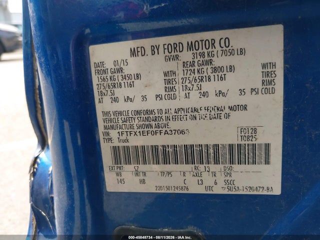 Продажа на аукционе авто 2015 Ford F-150 Lariat, vin: 1FTFX1EF0FFA37063, номер лота: 45848734