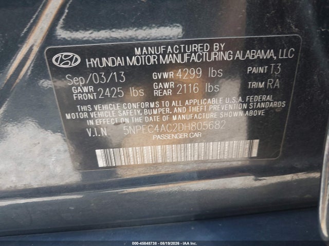 Продаж на аукціоні авто 2013 Hyundai Sonata Limited, vin: 5NPEC4AC2DH805682, номер лоту: 45848738
