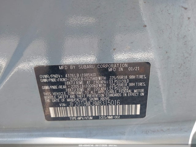 Aukcja sprzedaży 2021 Subaru Crosstrek Limited, vin: JF2GTHMC8M8315016, numer aukcji: 45848746