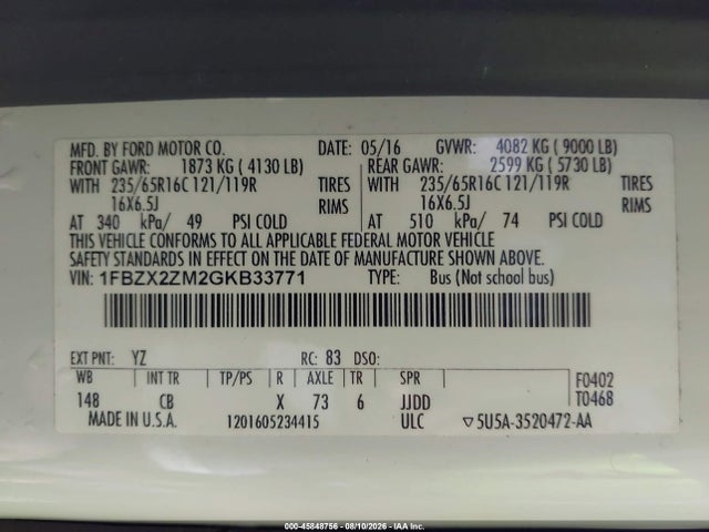 Продажа на аукционе авто 2016 Ford Transit-350 Xl, vin: 1FBZX2ZM2GKB33771, номер лота: 45848756