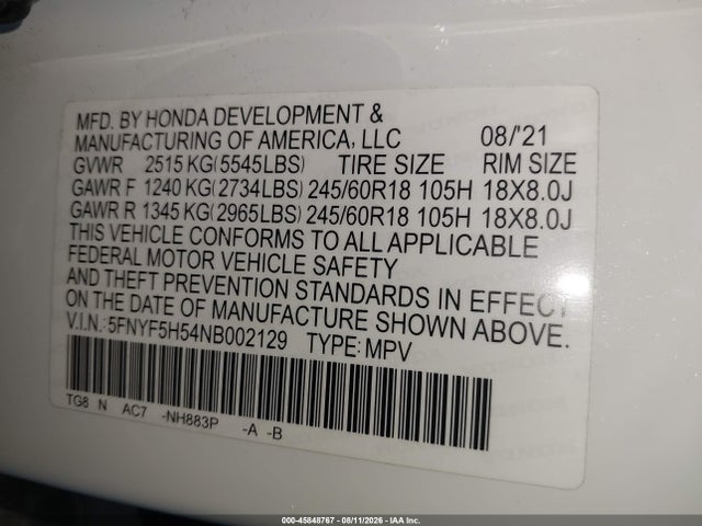 Продажа на аукционе авто 2022 Honda Pilot 2wd Ex-l, vin: 5FNYF5H54NB002129, номер лота: 45848767