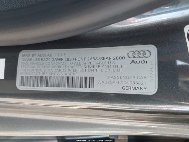 45848772 :رقم المزاد ، WAU2GAFC1CN085821 vin ، 2012 Audi A7 3.0 Prestige مزاد بيع