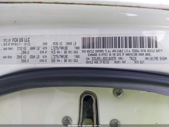 45848775 :رقم المزاد ، 3C6UR5LL8GG160375 vin ، 2016 Ram 2500 Laramie Longhorn مزاد بيع