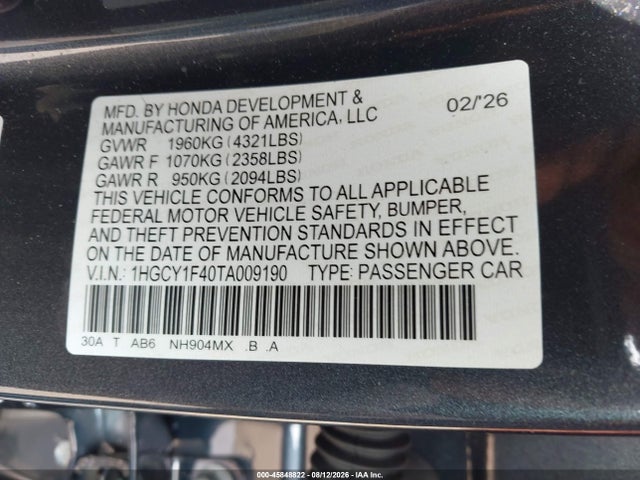 Aukcja sprzedaży 2026 Honda Accord Se, vin: 1HGCY1F40TA009190, numer aukcji: 45848822