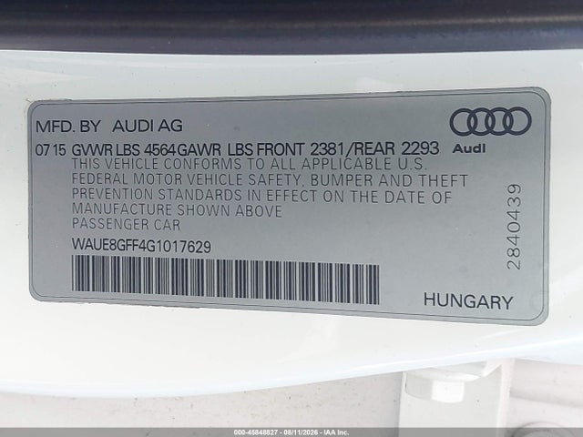 2016 Audi A3 2.0t Premium მანქანა იყიდება აუქციონზე, vin: WAUE8GFF4G1017629, აუქციონის ნომერი: 45848827