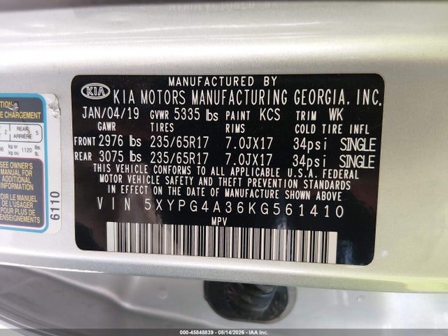 Aukcja sprzedaży 2019 Kia Sorento 2.4l L, vin: 5XYPG4A36KG561410, numer aukcji: 45848839