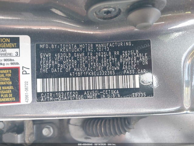 45848840 :رقم المزاد ، 4T1BF1FK8EU332365 vin ، 2014 Toyota Camry Se مزاد بيع