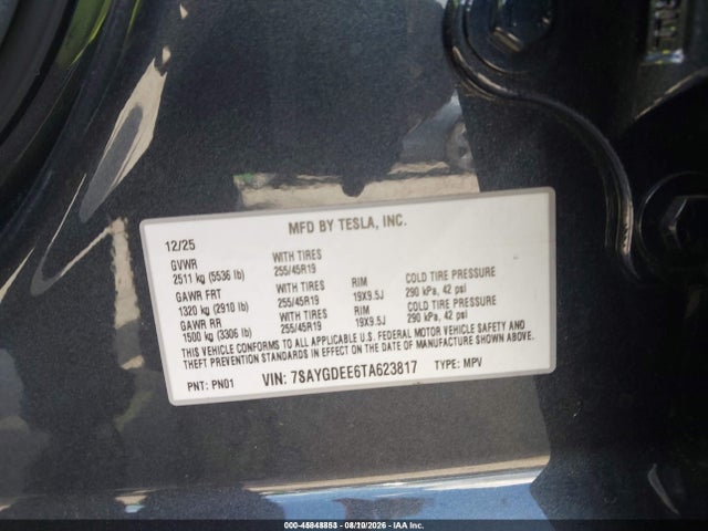 2026 Tesla Model Y All-wheel Drive/long Range Launch Series/premium All-wheel Drive მანქანა იყიდება აუქციონზე, vin: 7SAYGDEE6TA623817, აუქციონის ნომერი: 45848853