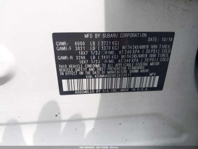 Aukcja sprzedaży 2019 Subaru Ascent Premium, vin: 4S4WMABD8K3433017, numer aukcji: 45848856