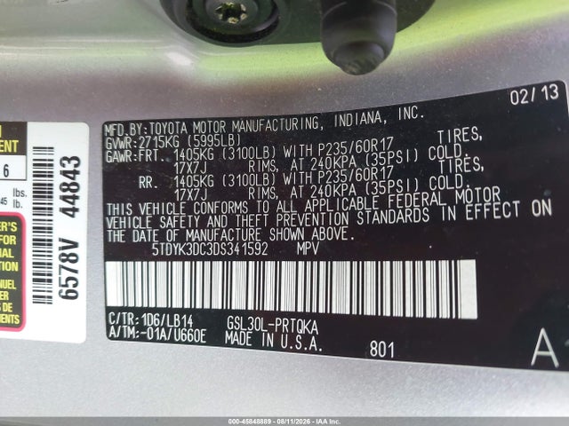 2013 Toyota Sienna Xle V6 8 Passenger მანქანა იყიდება აუქციონზე, vin: 5TDYK3DC3DS341592, აუქციონის ნომერი: 45848889