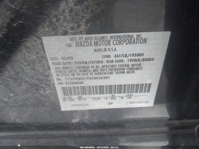 Продаж на аукціоні авто 2003 Mazda Mazda6 I, vin: 1YVFP80C935M36281, номер лоту: 45848894