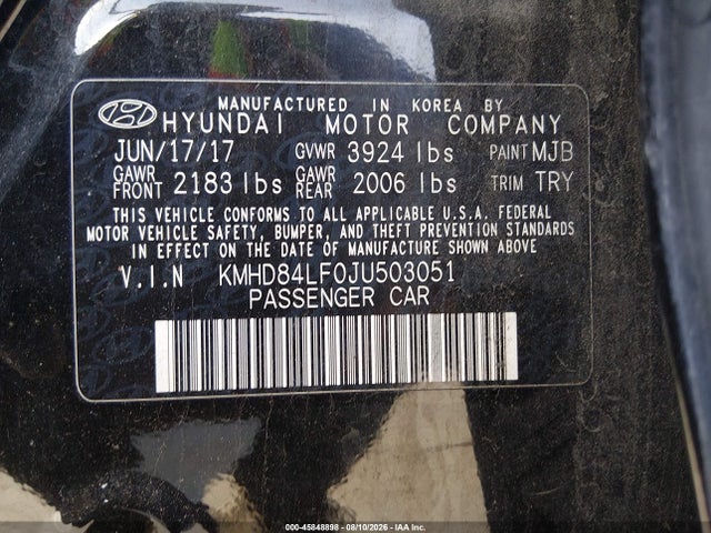 2018 Hyundai Elantra Sel მანქანა იყიდება აუქციონზე, vin: KMHD84LF0JU503051, აუქციონის ნომერი: 45848898