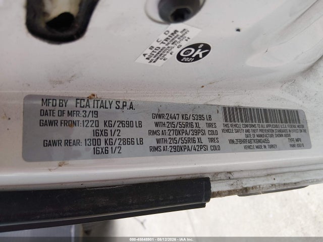 45848901 :رقم المزاد ، ZFBHRFAB7K6N04155 vin ، 2019 Ram Promaster City Tradesman مزاد بيع