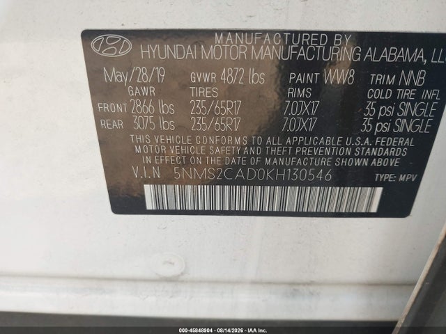 2019 Hyundai Santa Fe Se მანქანა იყიდება აუქციონზე, vin: 5NMS2CAD0KH130546, აუქციონის ნომერი: 45848904