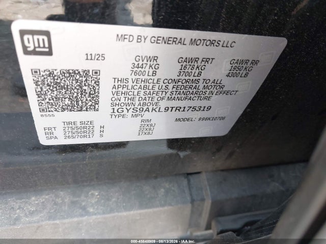 Auction sale of the 2026 Cadillac Escalade, vin: 1GYS9AKL9TR175319, lot number: 45848909