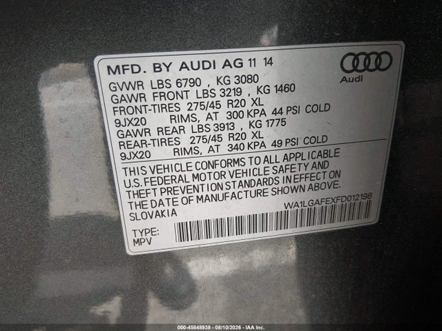Aukcja sprzedaży 2015 Audi Q7 3.0t Premium, vin: WA1LGAFEXFD012198, numer aukcji: 45848938