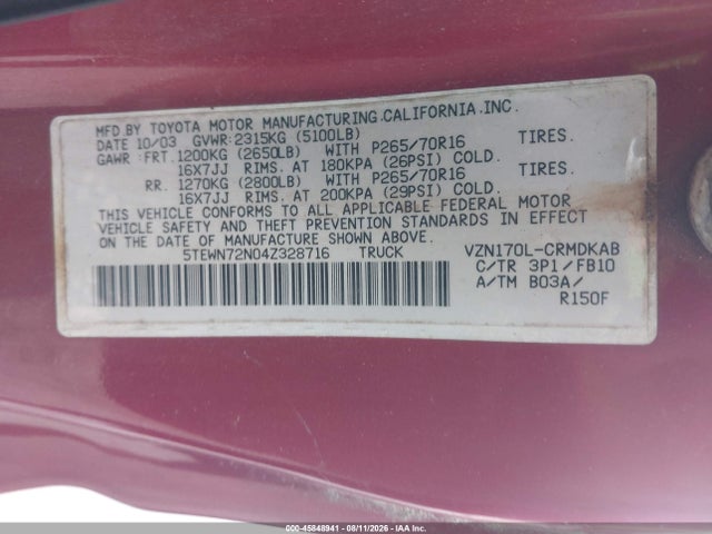 45848941 :رقم المزاد ، 5TEWN72N04Z328716 vin ، 2004 Toyota Tacoma Base V6 مزاد بيع