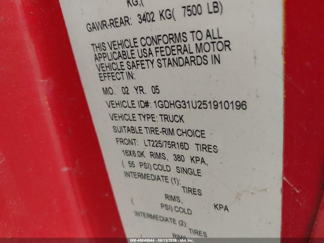 45848944 :رقم المزاد ، 1GDHG31U251910196 vin ، 2005 Gmc Savana Cutaway Standard مزاد بيع