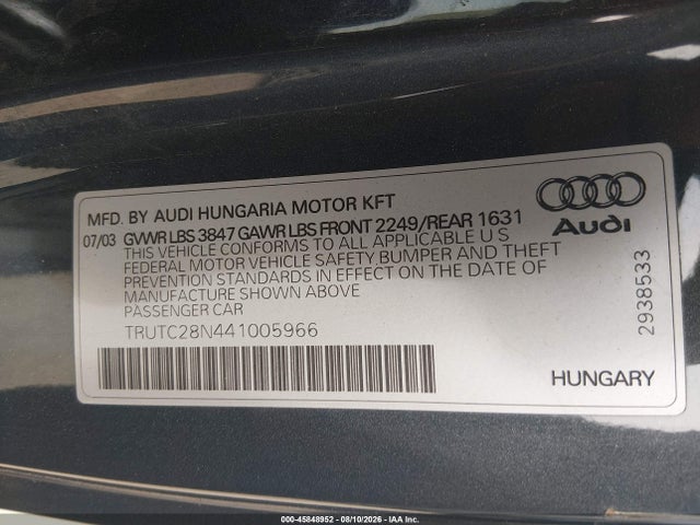 45848952 :رقم المزاد ، TRUTC28N441005966 vin ، 2004 Audi Tt 1.8l مزاد بيع