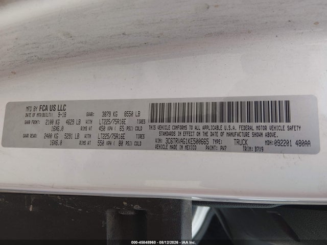 45848960 :رقم المزاد ، 3C6TRVAG1KE500665 vin ، 2019 Ram Promaster 1500 Low Roof 136 Wb مزاد بيع